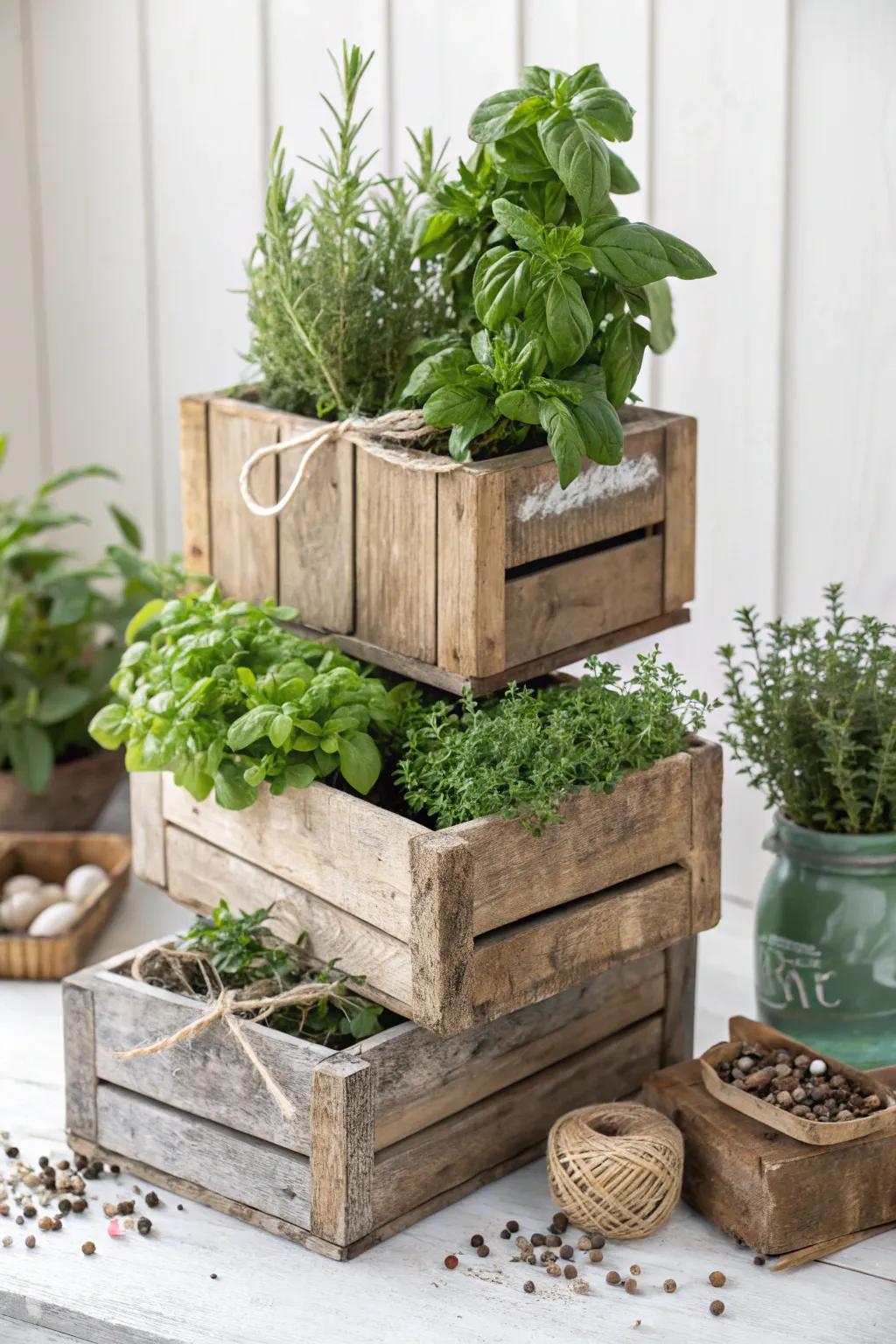 Transform your space with a rustic wooden crate herb garden, marrying simplicity and natural elegance.