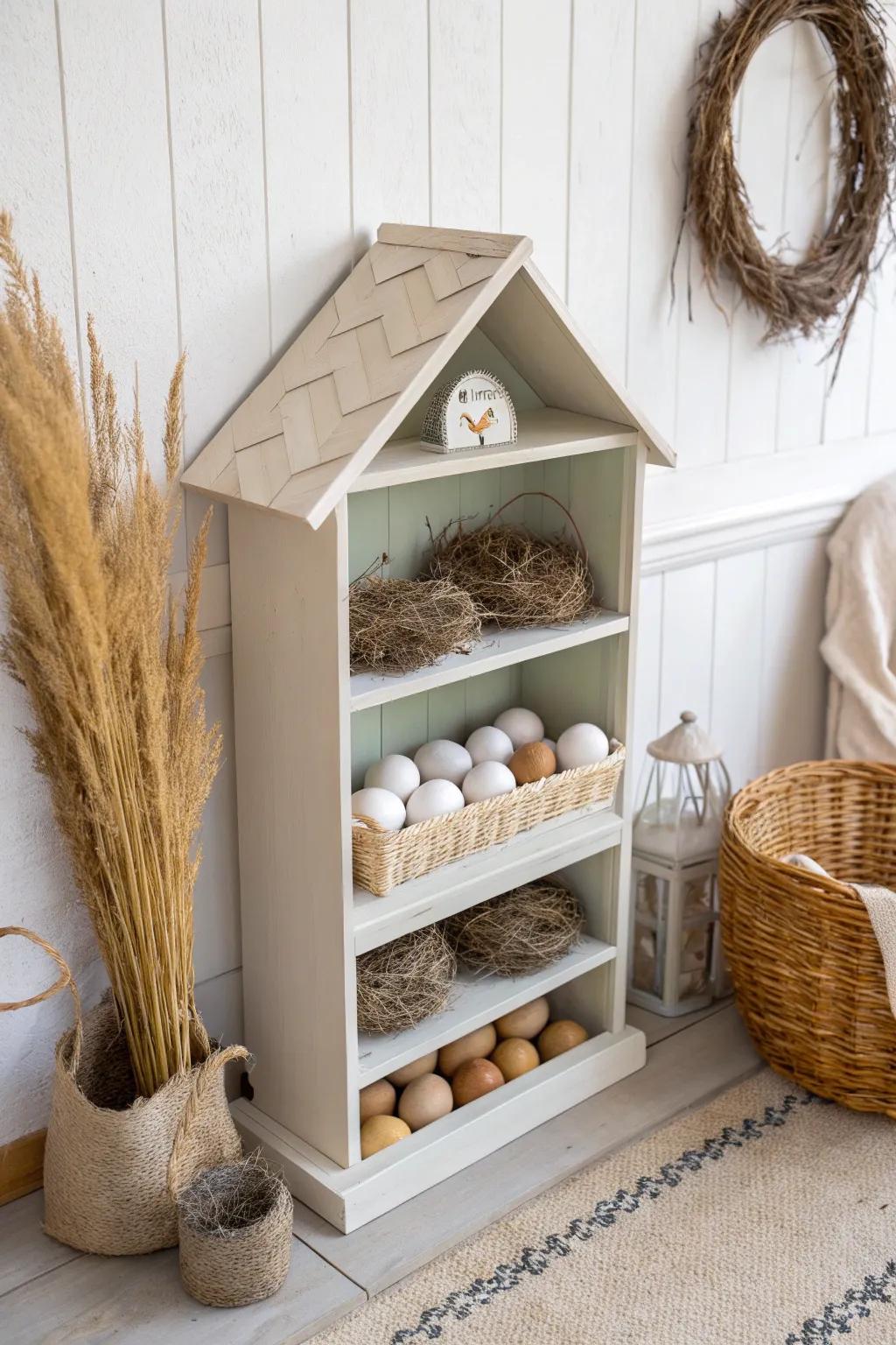 Transform your kid's bookshelf into a chic nesting haven for your flock—where Scandinavian minimalism meets rustic charm.