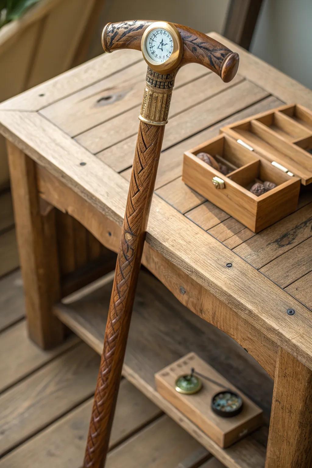 Elevate your journey with a walking stick that combines craftsmanship and adventure-ready features.