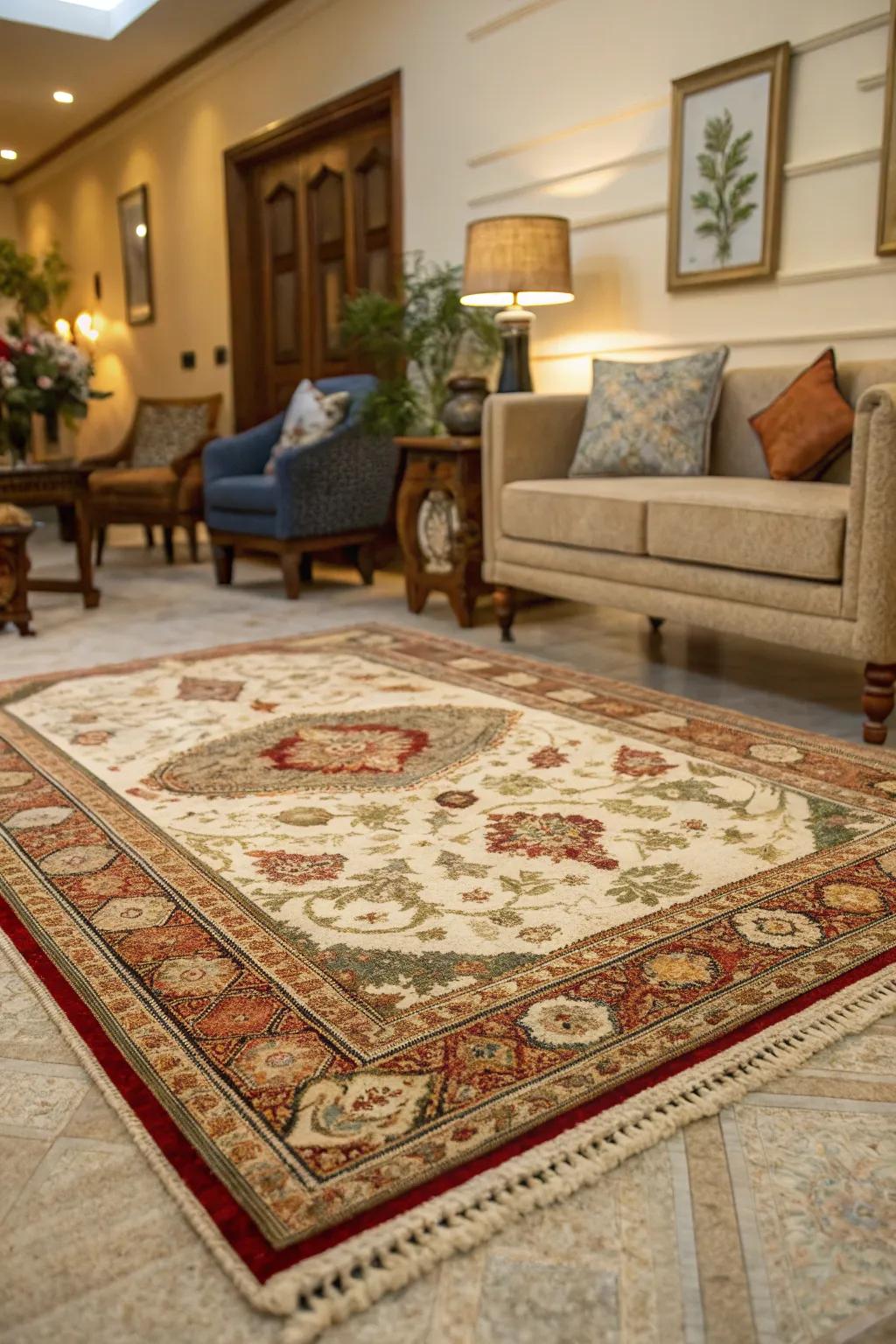 Room anchored by a stylish decorative rug.