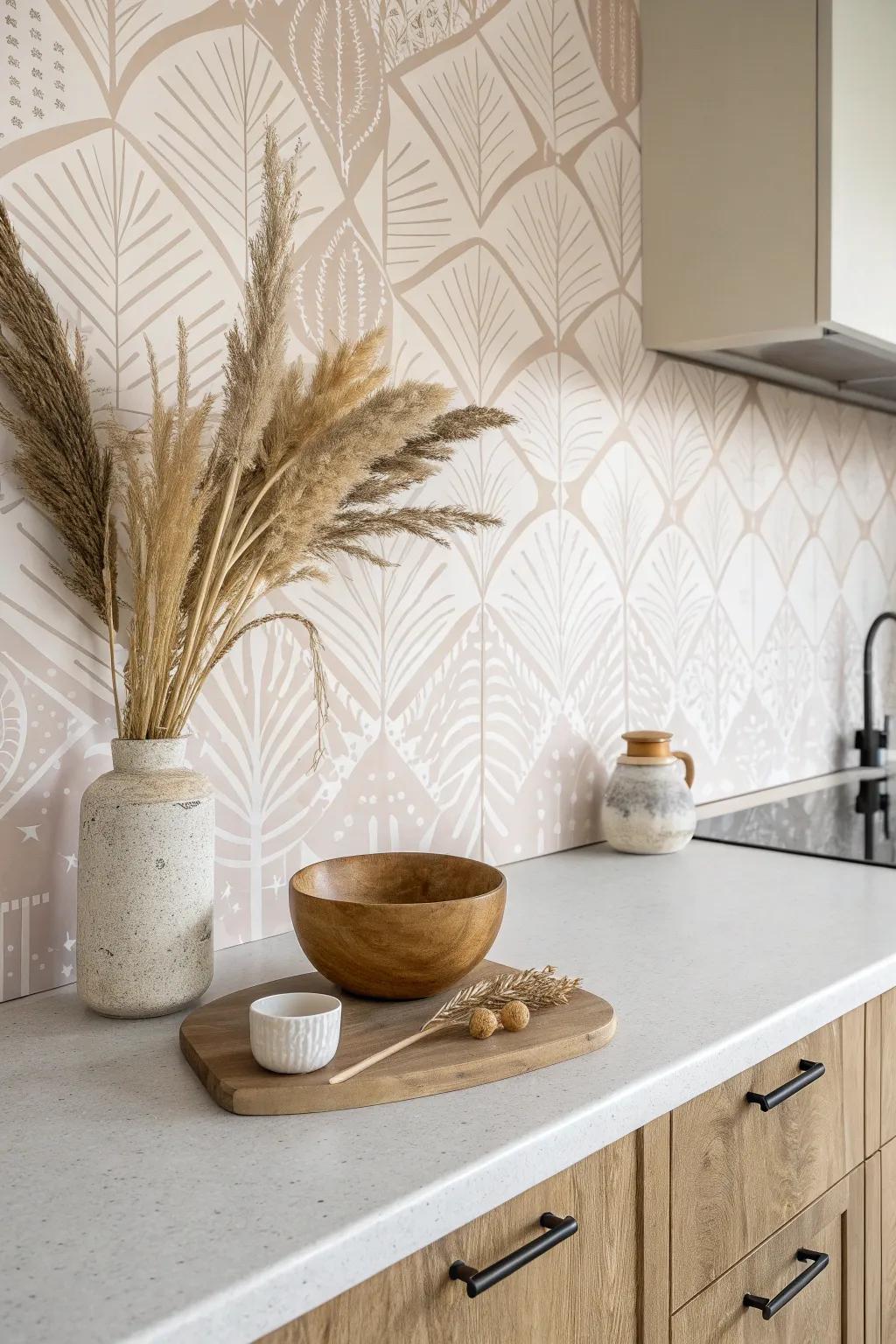 Transform your kitchen with the charm of wallpaper-covered countertops—a perfect blend of style and simplicity.