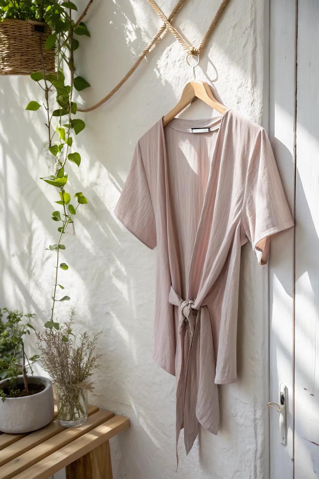 Get creative with your wardrobe: a tied-up sleeve transformation for effortless weekend style.