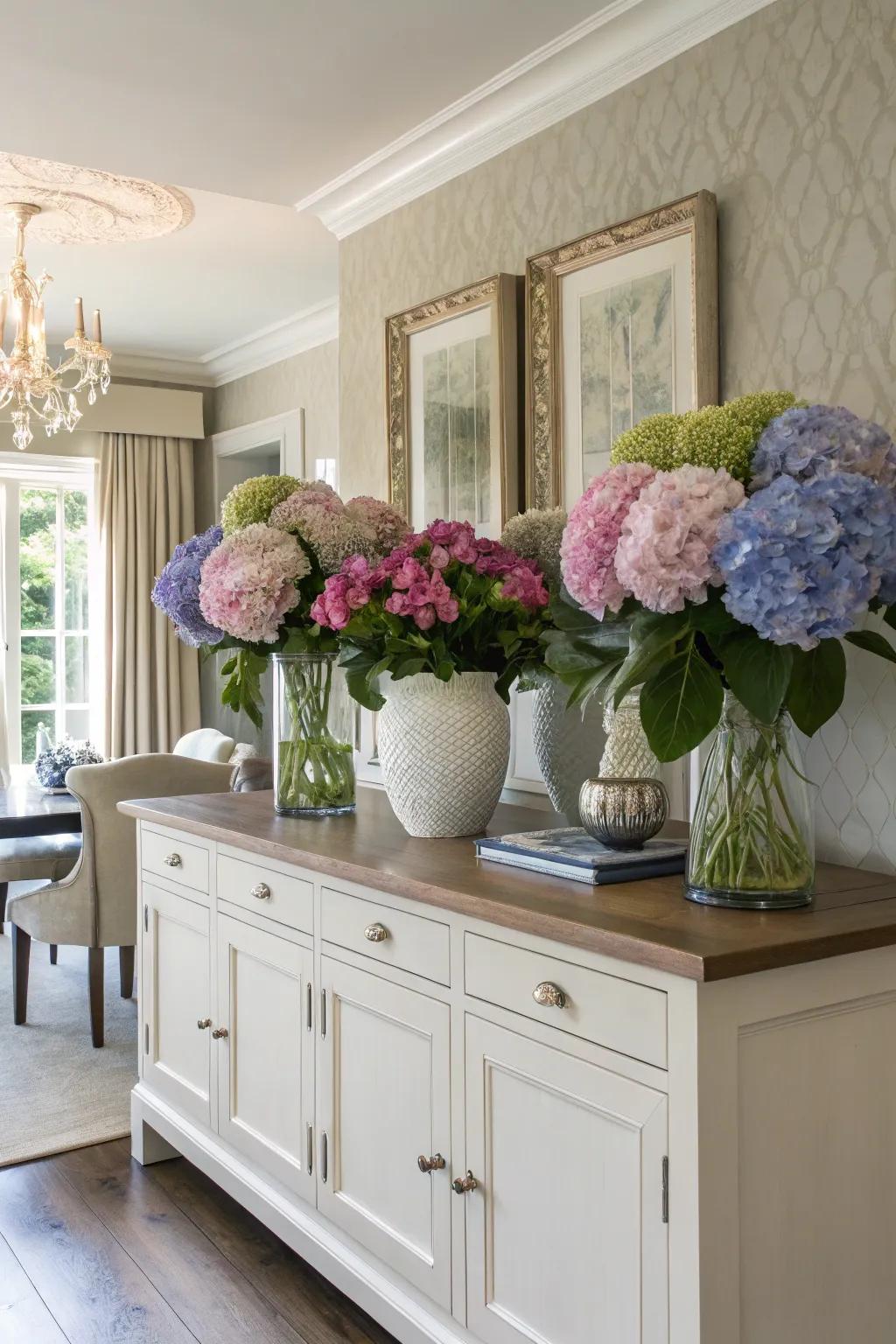 A chic sideboard display of hydrangeas in eclectic vases.