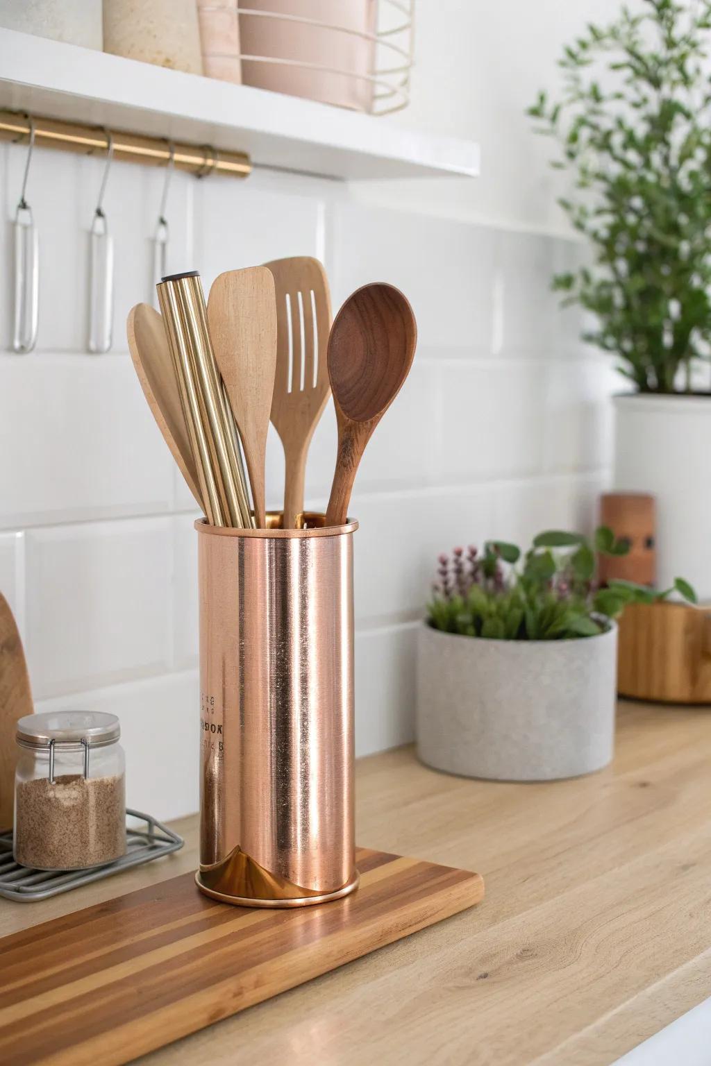 Elevate your kitchen organization with a touch of industrial elegance using a handcrafted copper pipe utensil holder.