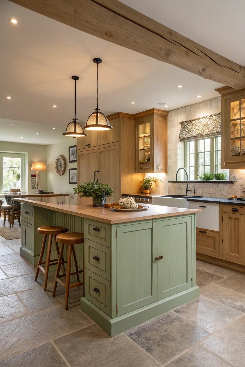 A sage green kitchen island creates a calm and natural ambiance in the kitchen.