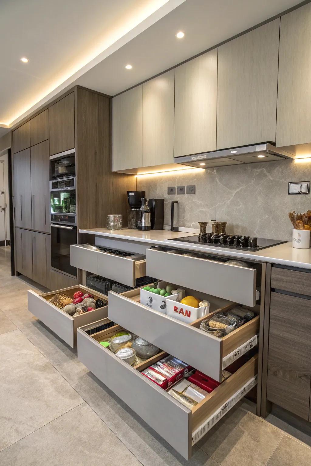 Hidden storage keeps a windowless kitchen tidy and organized.