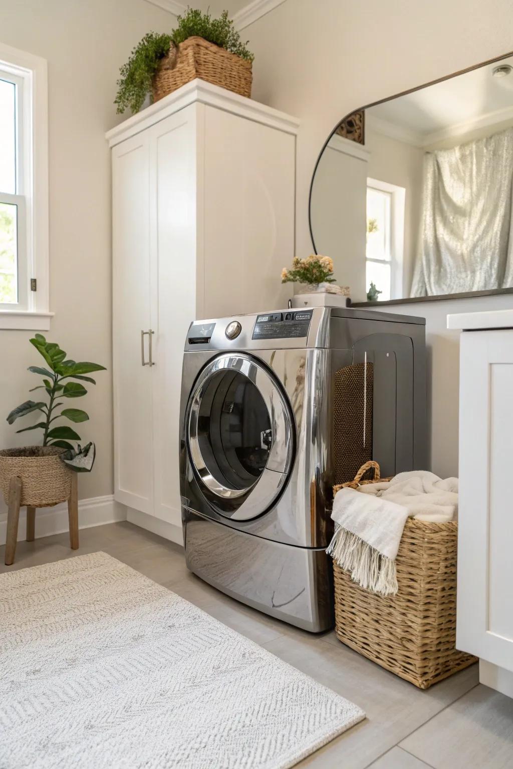 Elevate your laundry space with a chic mirrored pedestal, adding light and a touch of glam to minimalist decor.