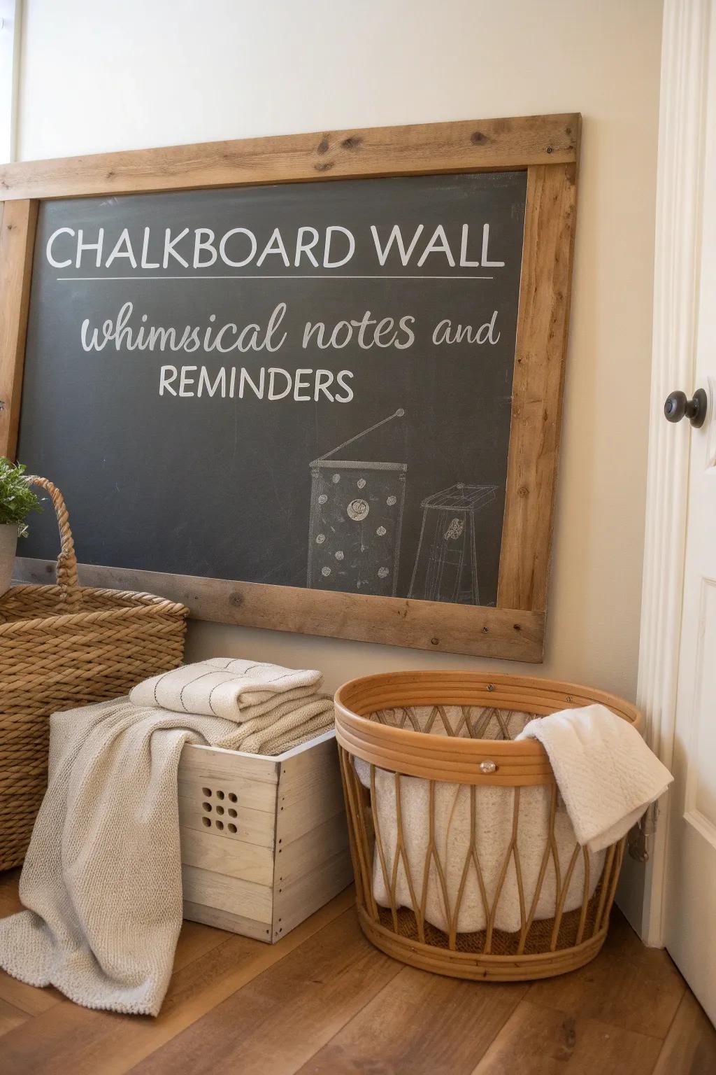 Transform your laundry space with a charming chalkboard wall for notes and inspiration, blending simplicity and elegance.