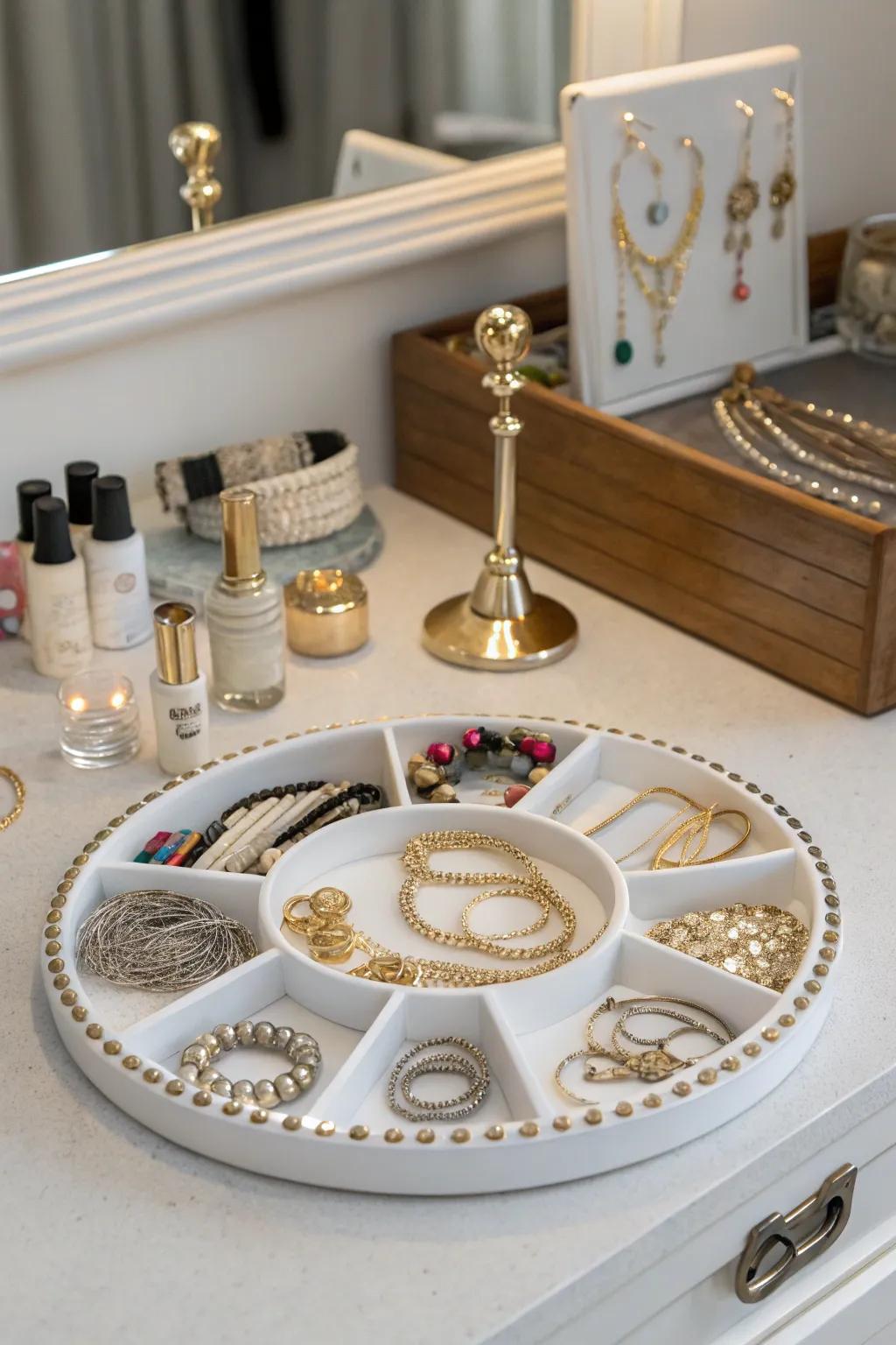 An elegant jewelry organization solution with a lazy susan.