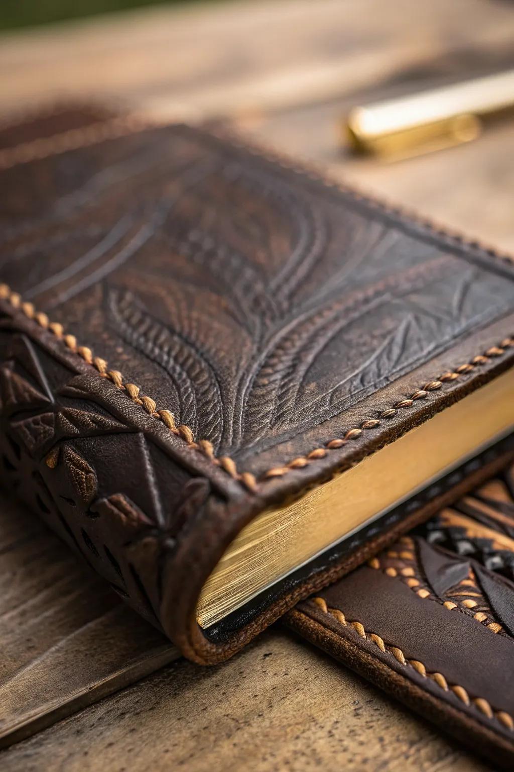 Elevate your bookshelf with handcrafted leather elegance.