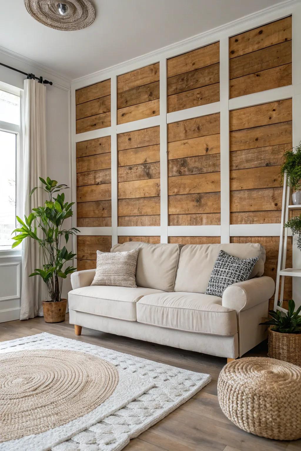 Elevate your living space with a stunning pallet wall framed by contrasting white trim for a chic, minimalist touch.