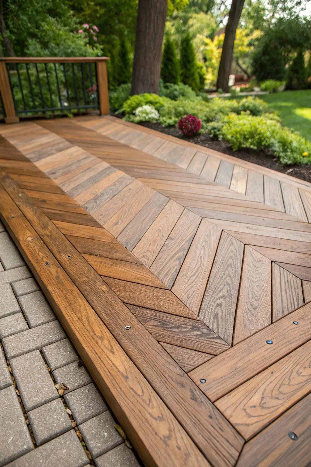 Elevate your outdoor space with the elegance of a herringbone-patterned floating deck. Craftsmanship meets design.