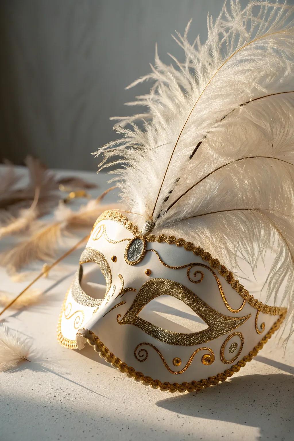 Elegance in Motion: A Minimalist Mardi Gras Mask with Playful Feathers