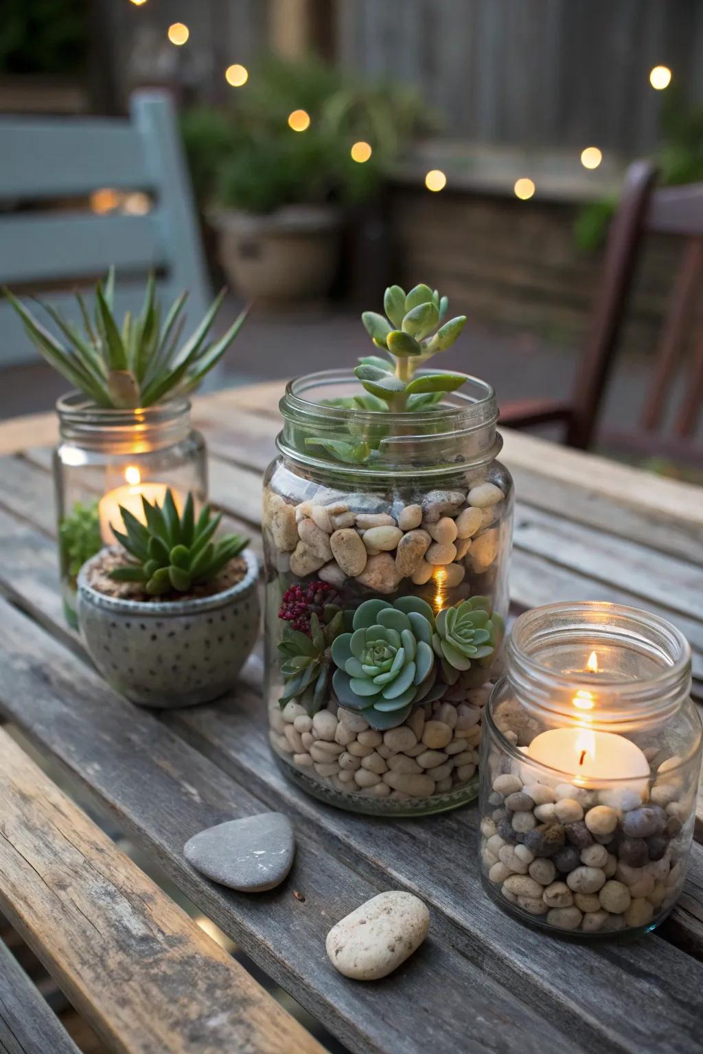 Earthy and calming with stone-accented mason jars.