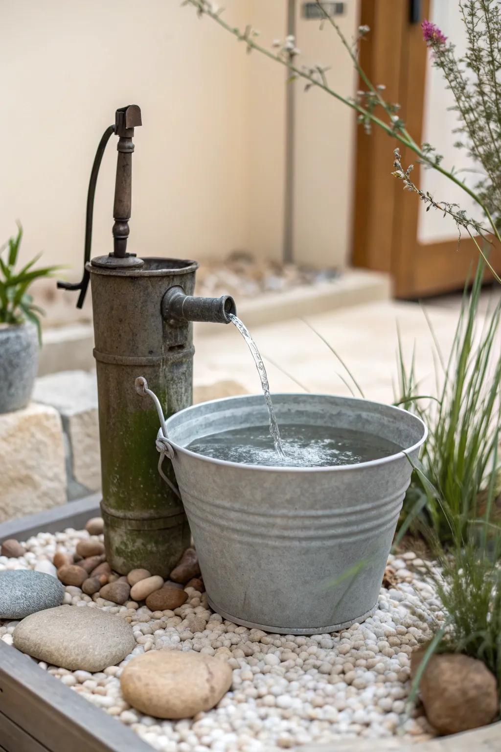 Transform your garden into a serene oasis with a minimalist metal bucket water feature.