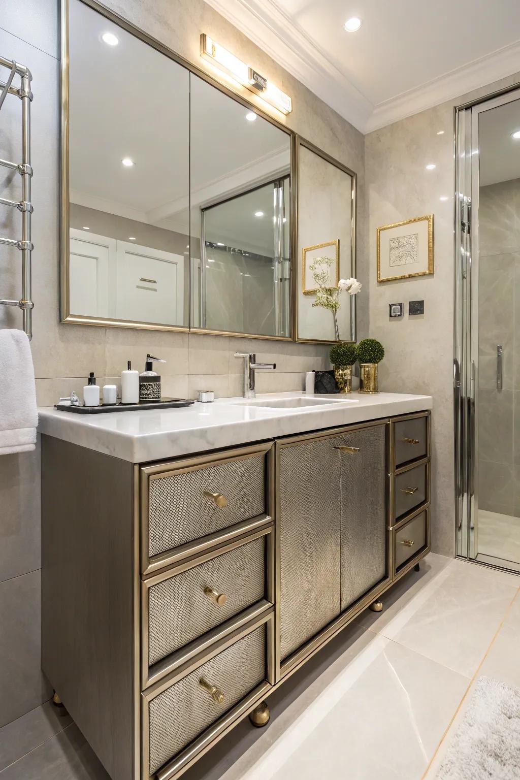 Metallic accents add sophistication to modern bathroom cabinets.