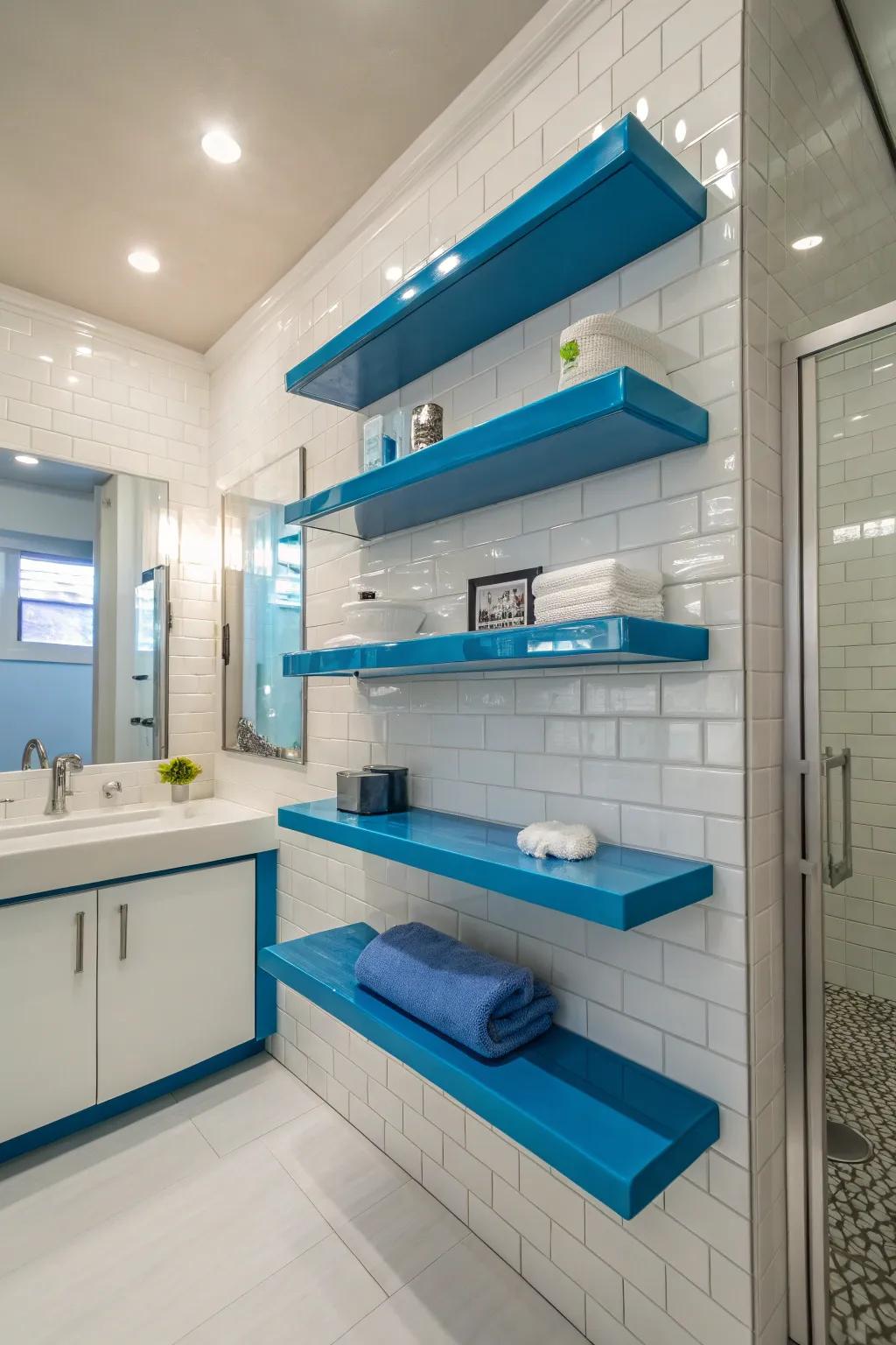 Bright blue floating shelves add style and practicality to this chic bathroom.