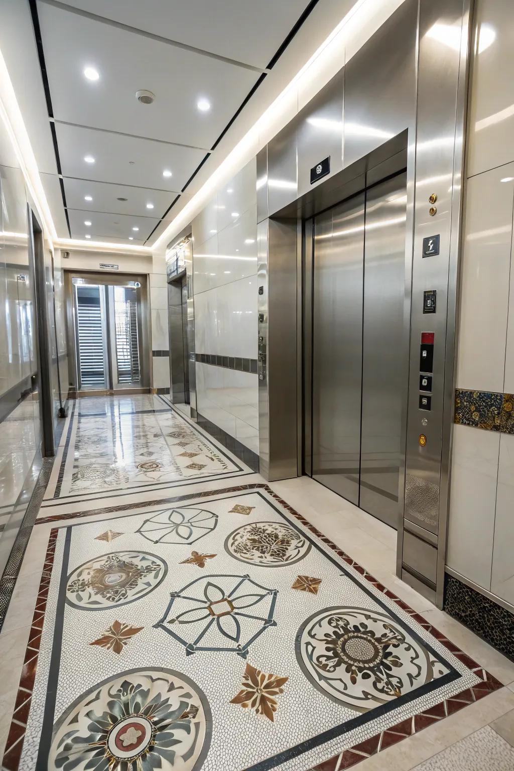 An elevator interior with custom flooring designs for an enhanced look.