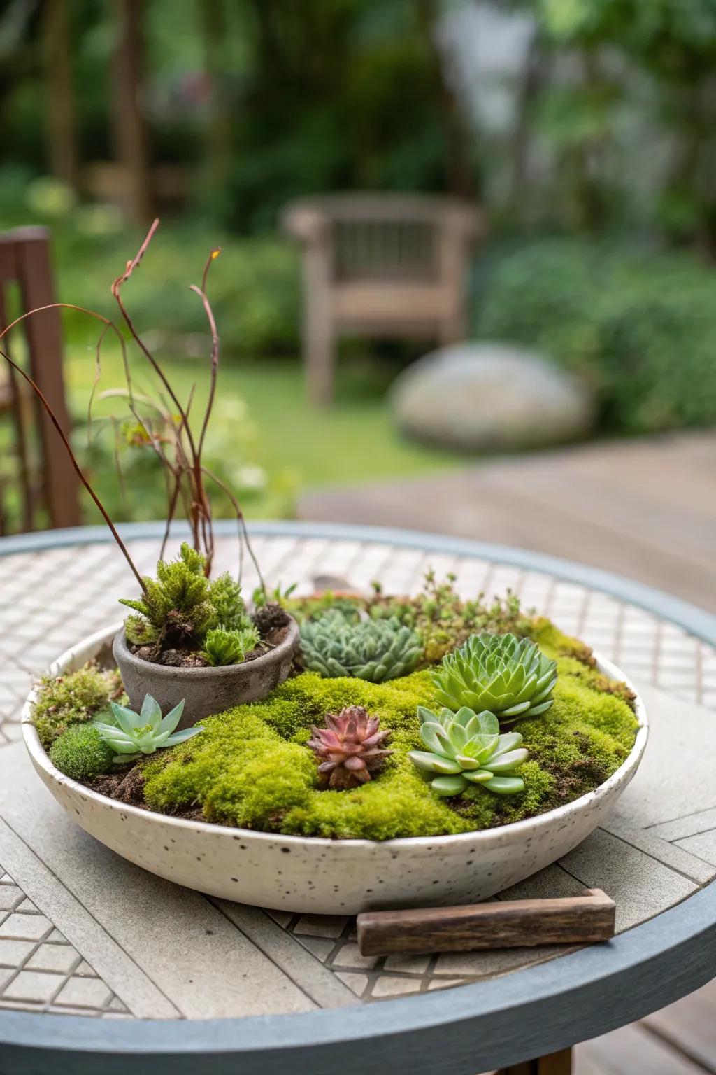 A stunning moss and succulent combination in a shallow dish.