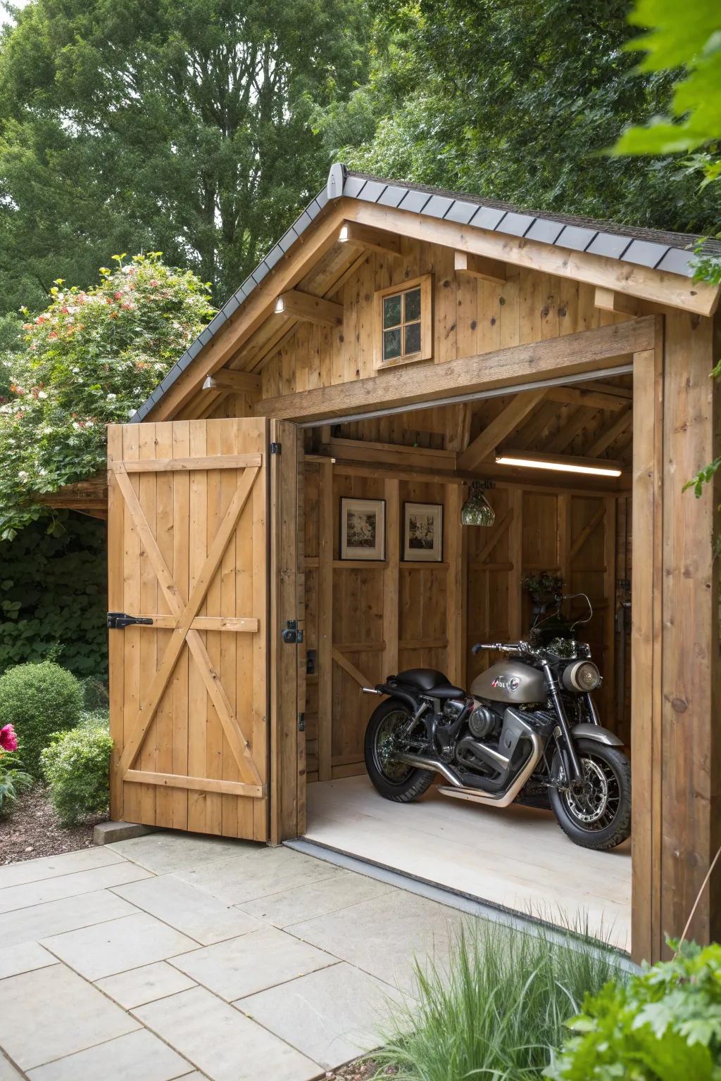 Craftsmanship meets functionality: A motorcycle shed designed for all seasons.