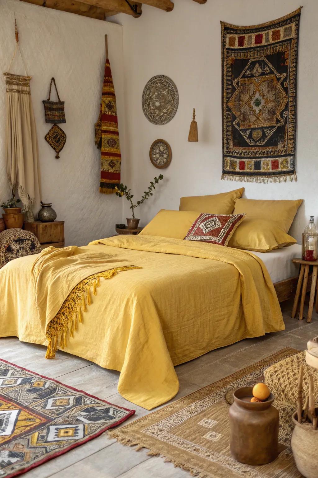 A culturally rich bedroom combining mustard tones and global patterns.