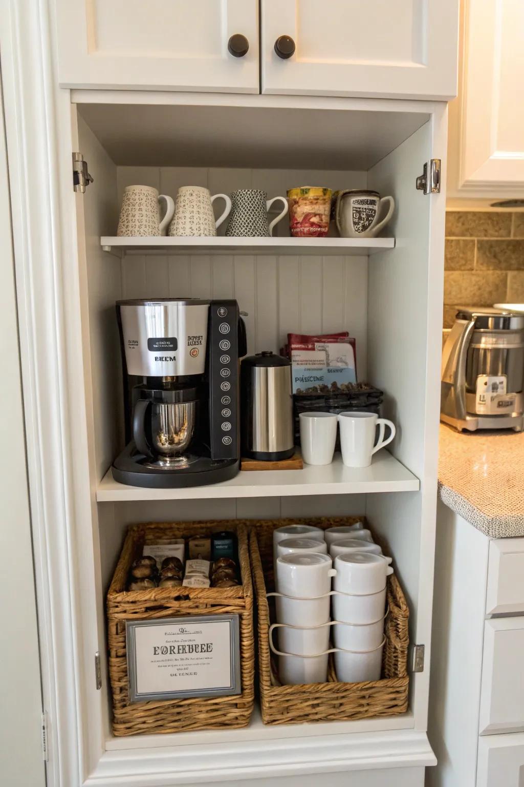 A narrow cabinet serving as a convenient mini coffee station.