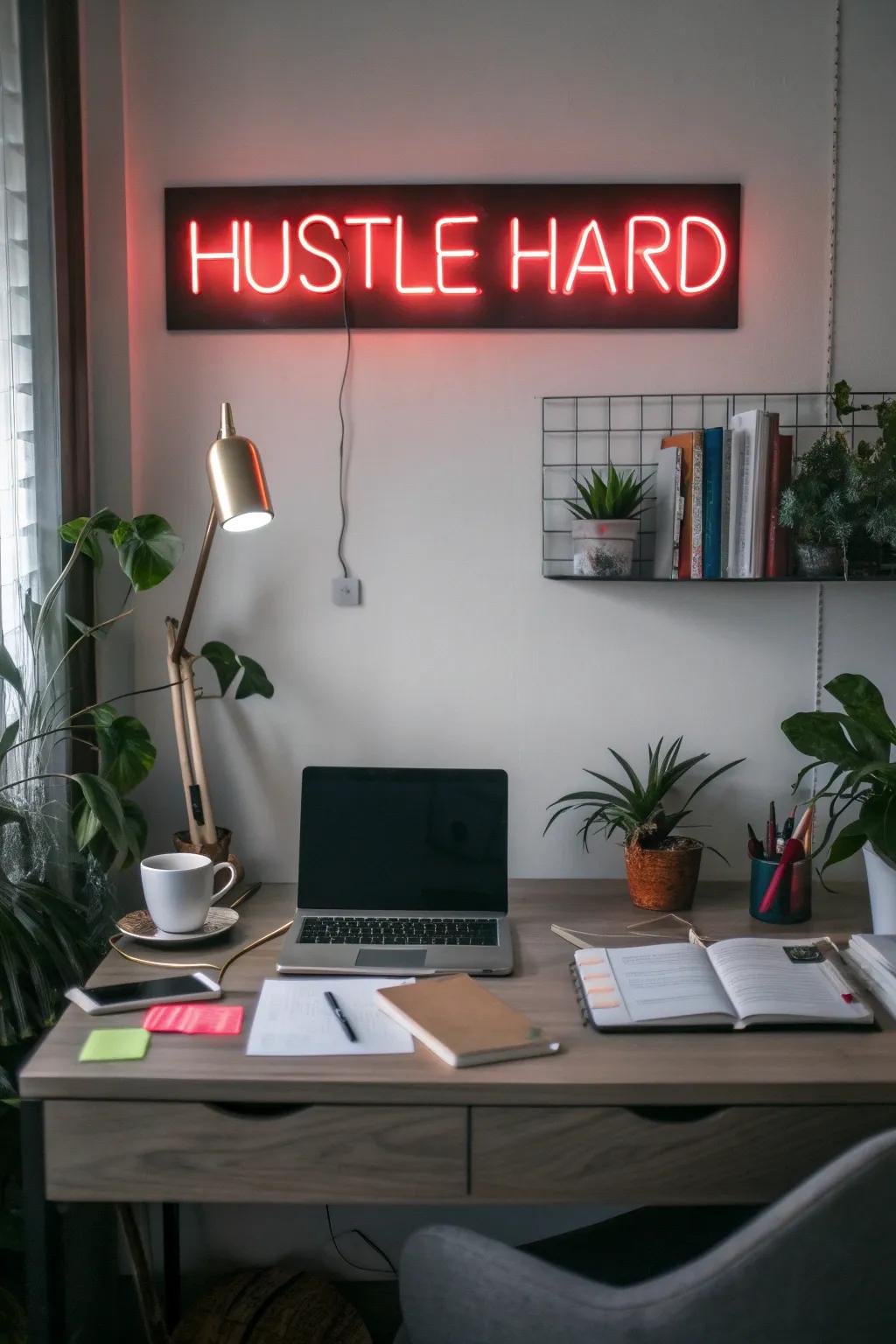 A motivational neon sign energizes a modern home office.