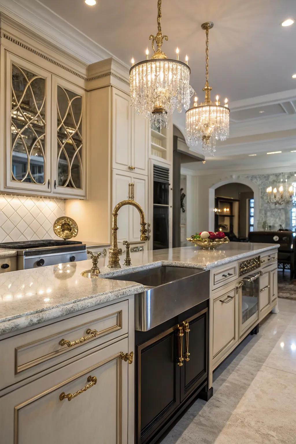 A kitchen elevated with glamorous hardware, adding elegance and sophistication.