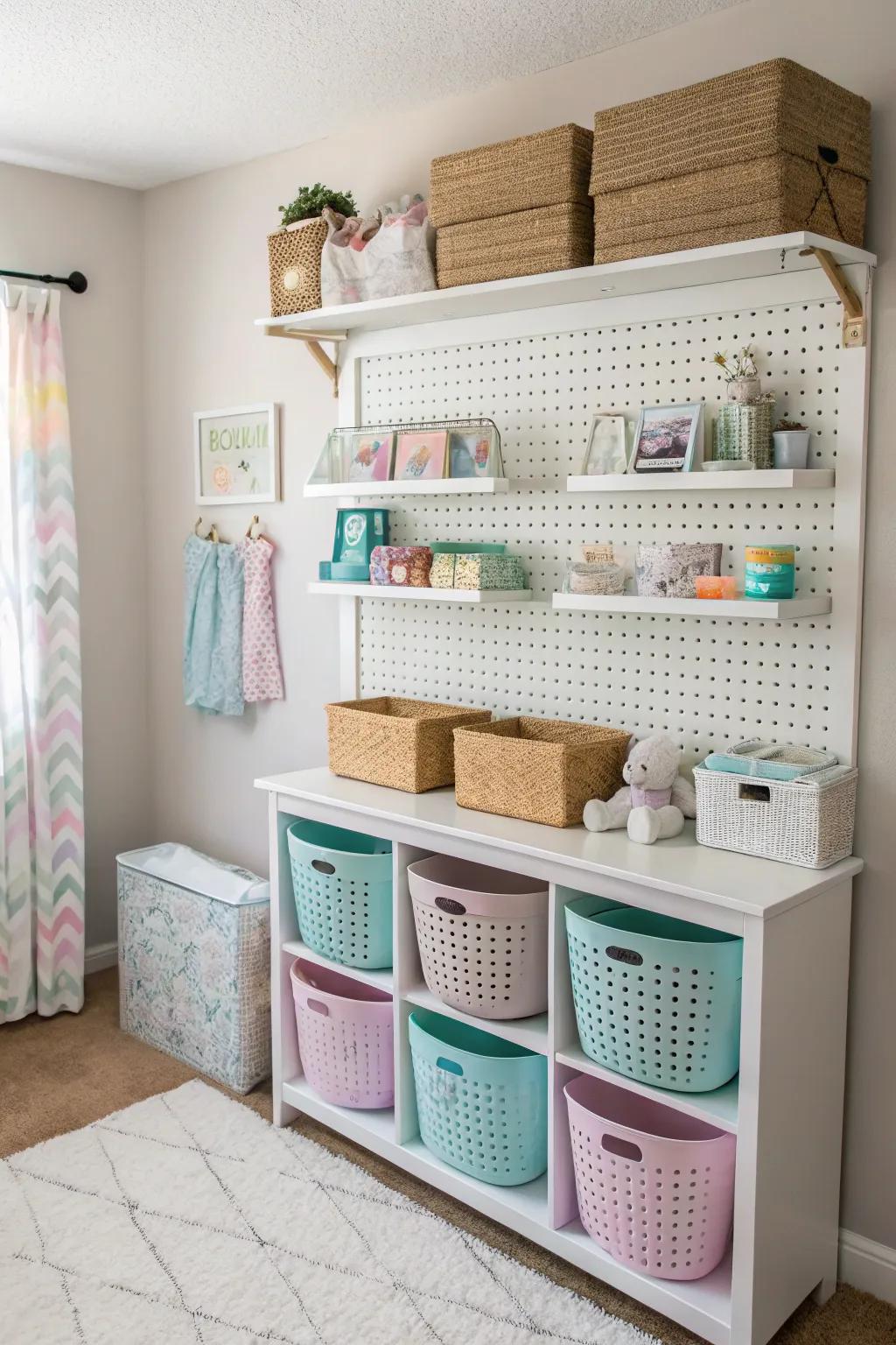 Pegboards offer versatile and creative storage options.