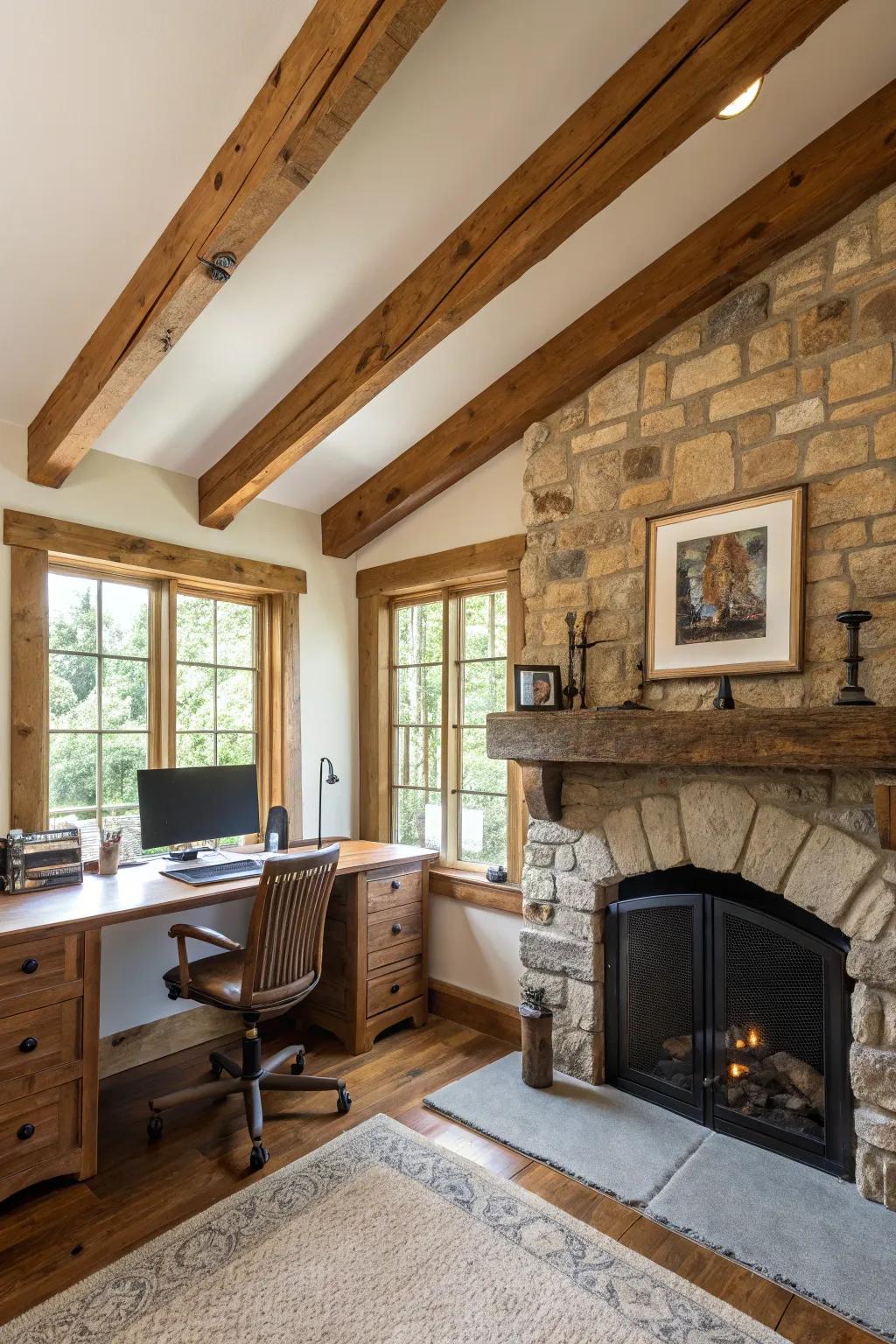Rustic elegance with stone and wood elements.