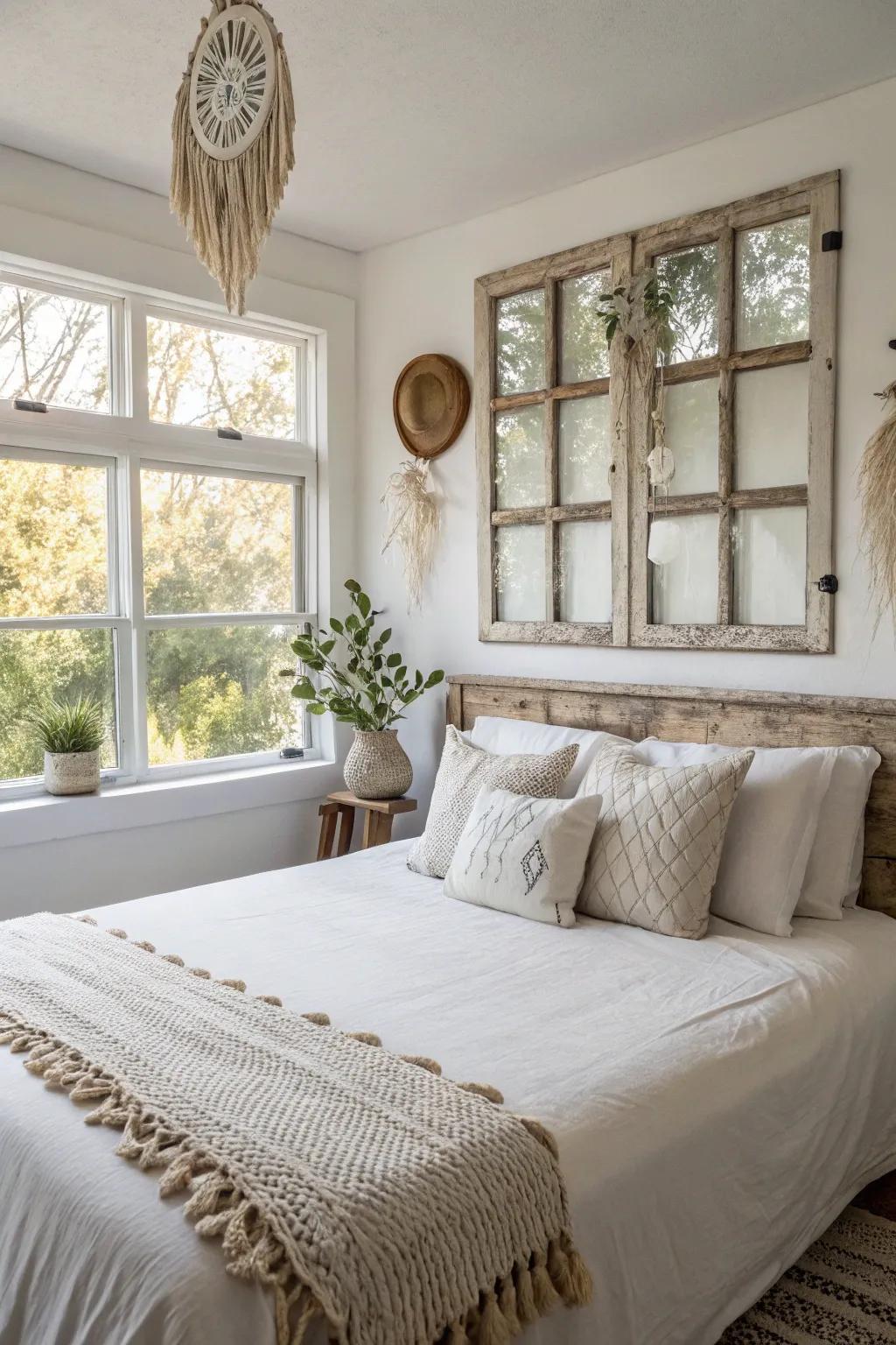 Transform your bedroom with a touch of rustic charm by repurposing old windows into a unique headboard.