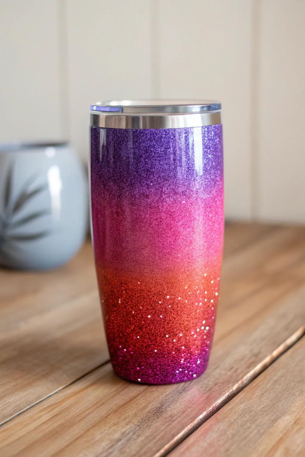 Add a splash of rainbow magic to your day with this stunning ombre glitter tumbler!