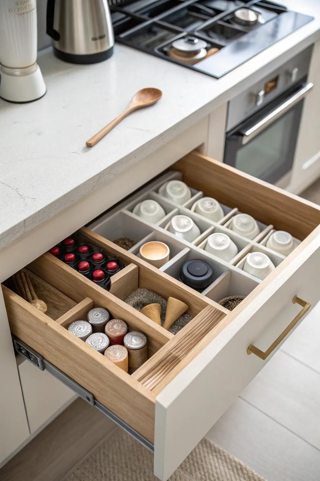 Start your day with a touch of elegance: Discover the perfect setup for your coffee essentials with this chic and organized drawer.