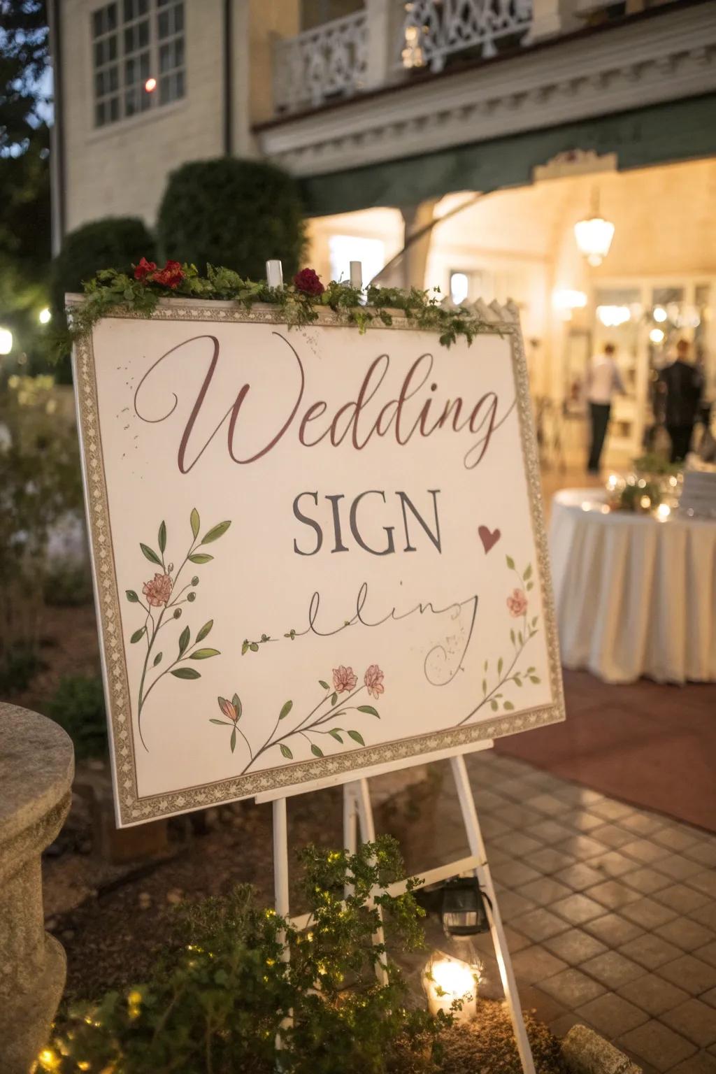 Warm and welcoming personalized signage for wedding guests.