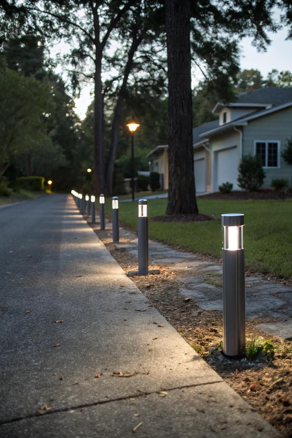 Sleek solar bollard lights illuminate your driveway.