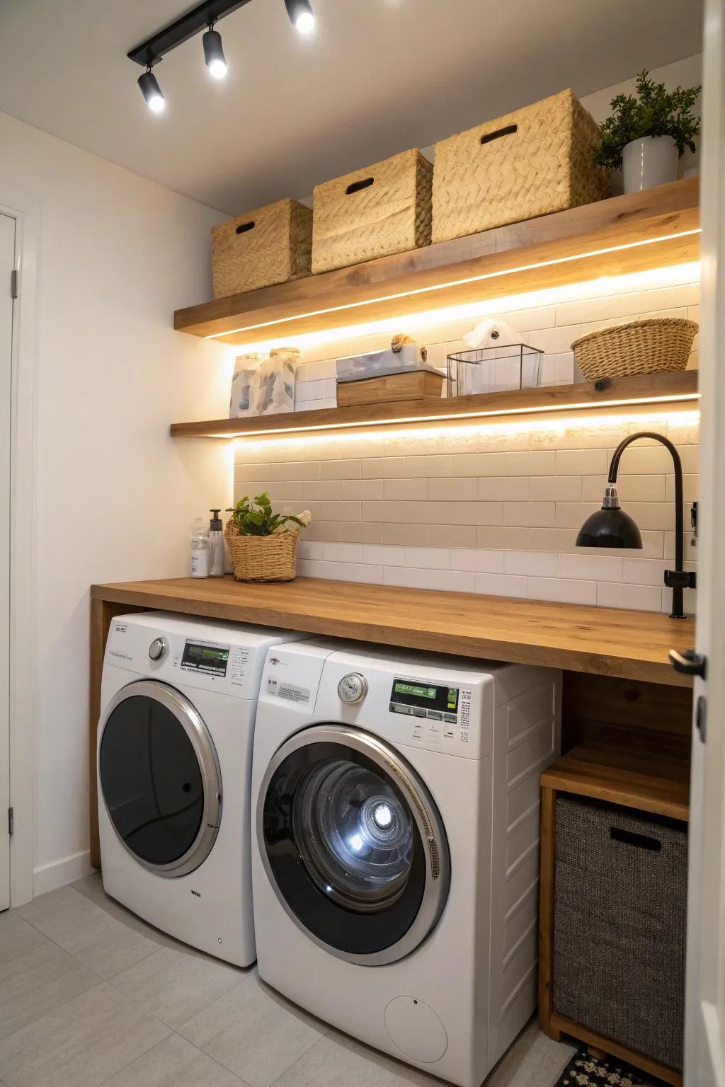 Transform your laundry room into a boutique retreat with under-shelf lighting - where simplicity meets elegance.