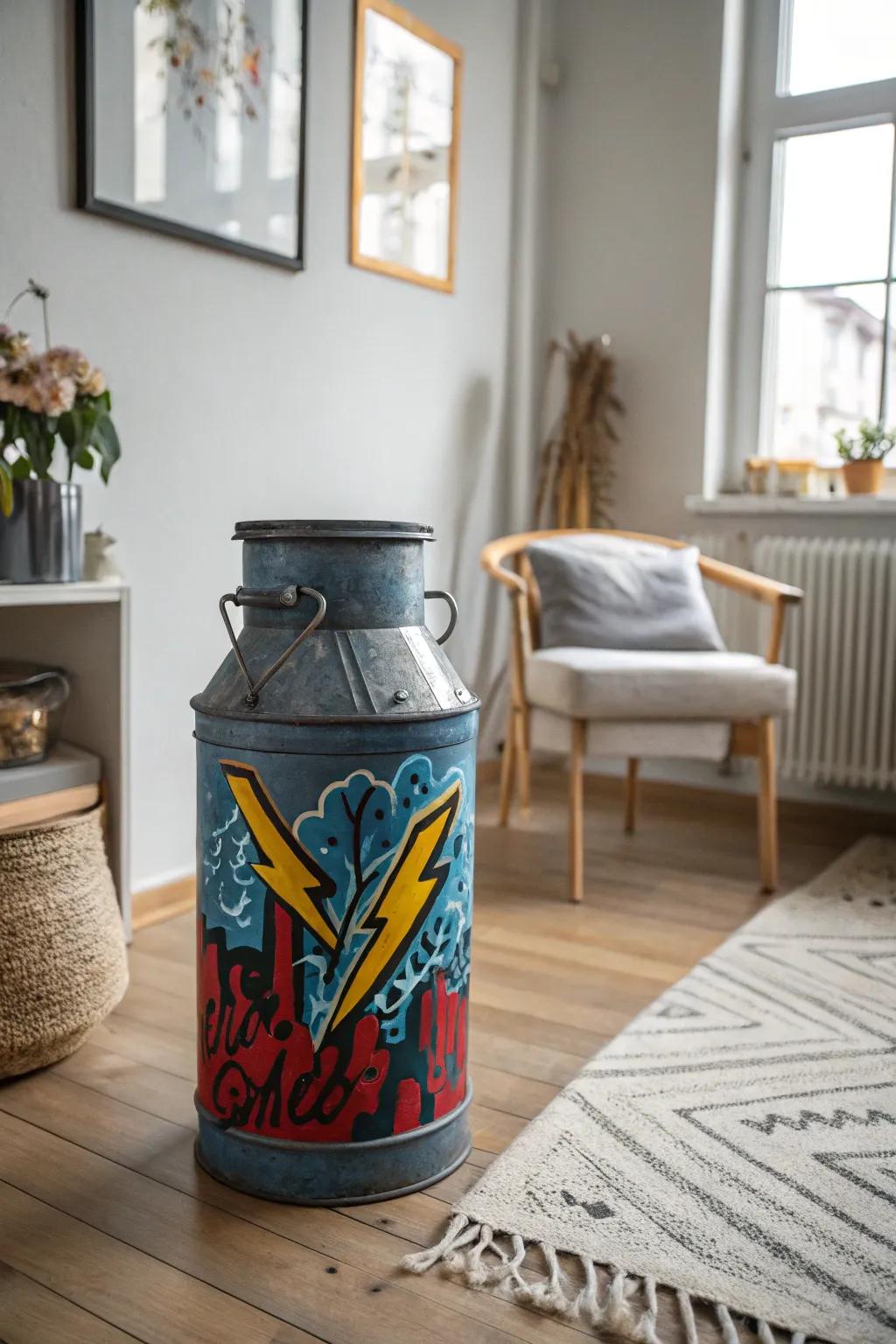 Rebel with a cause: Urban graffiti meets Scandinavian simplicity in this striking milk can makeover.