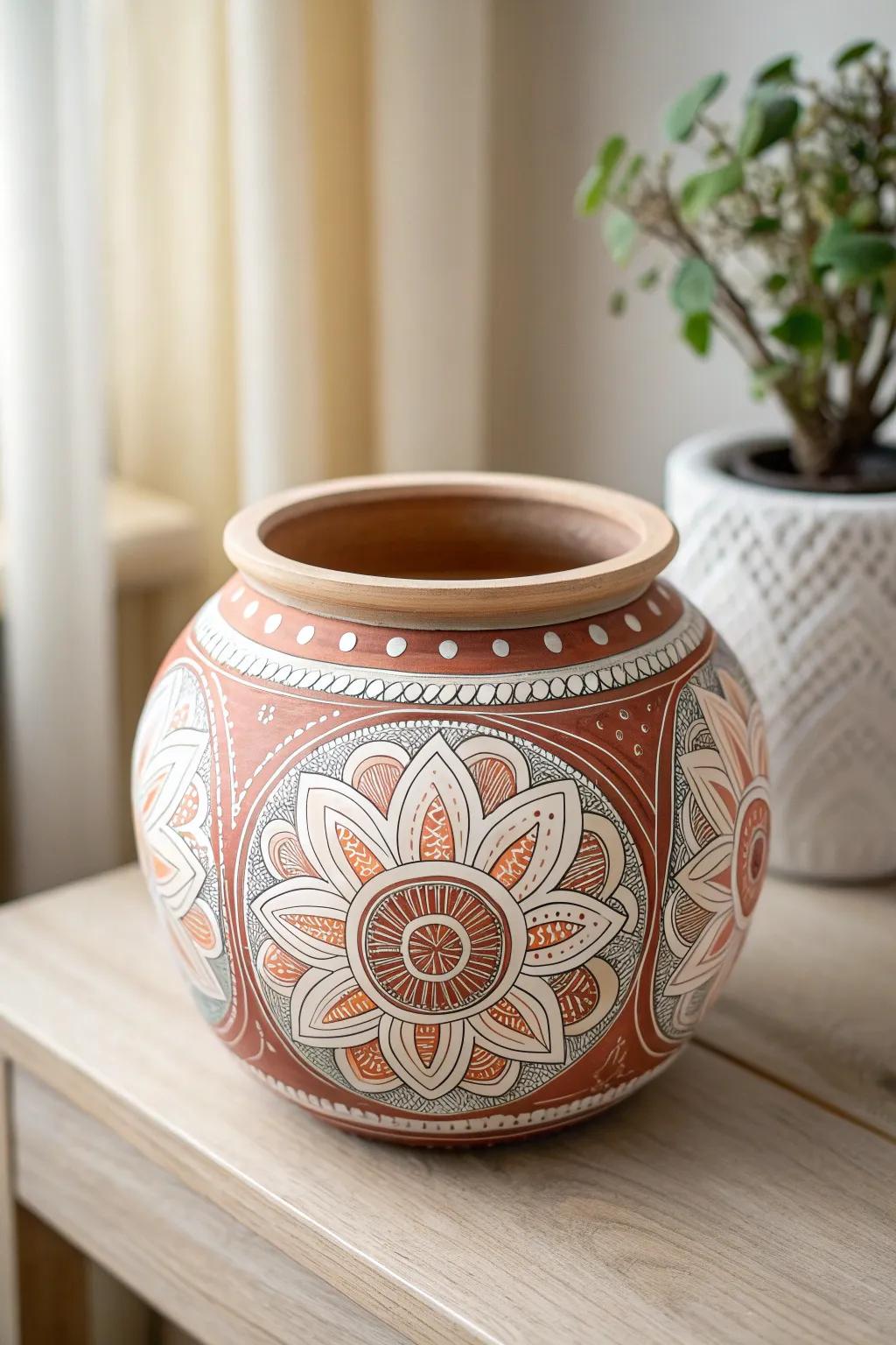 Embrace tranquility with mandala art on pottery – where simplicity meets intricate beauty.