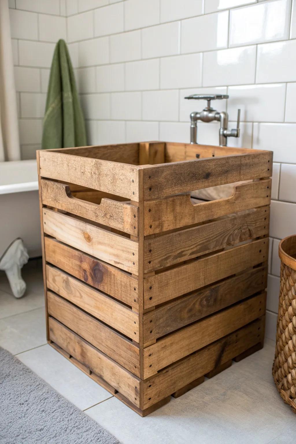 Elevate your bathroom organization with rugged elegance: handcrafted pallet storage bins.