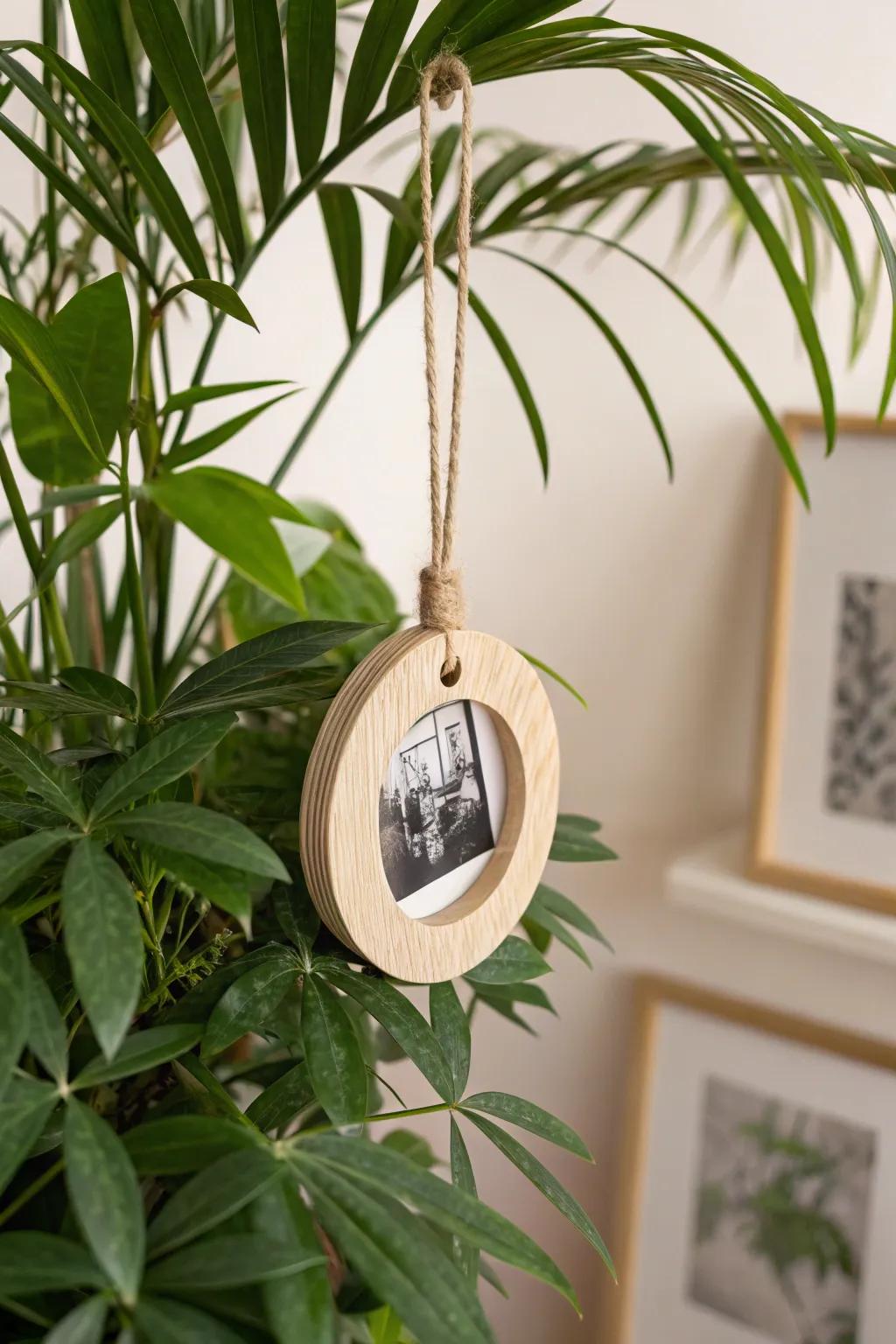 Infuse your greenery with memories: minimalist photo ornaments for a personal touch.