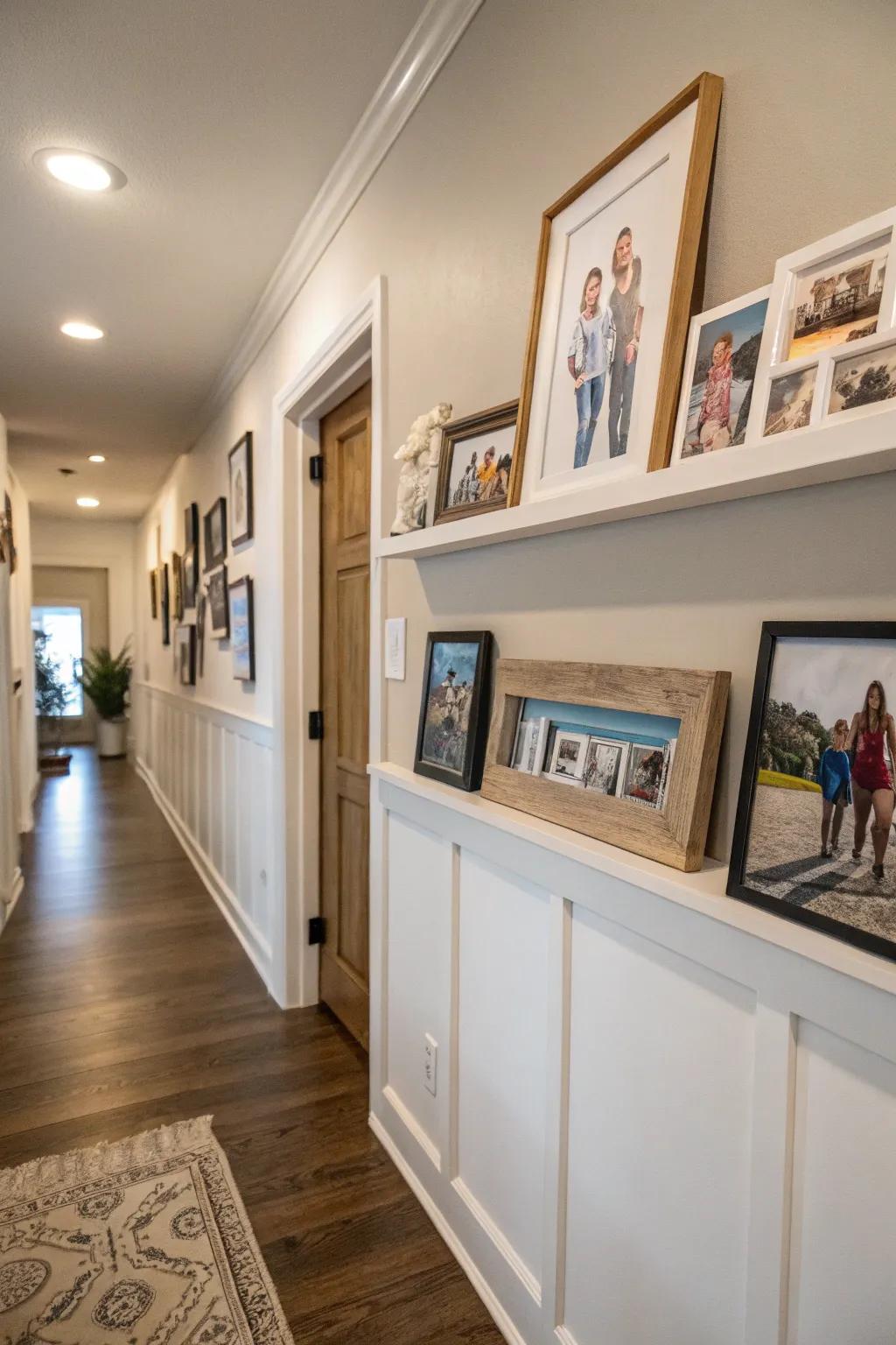 A hallway picture ledge personalizes the space beautifully.