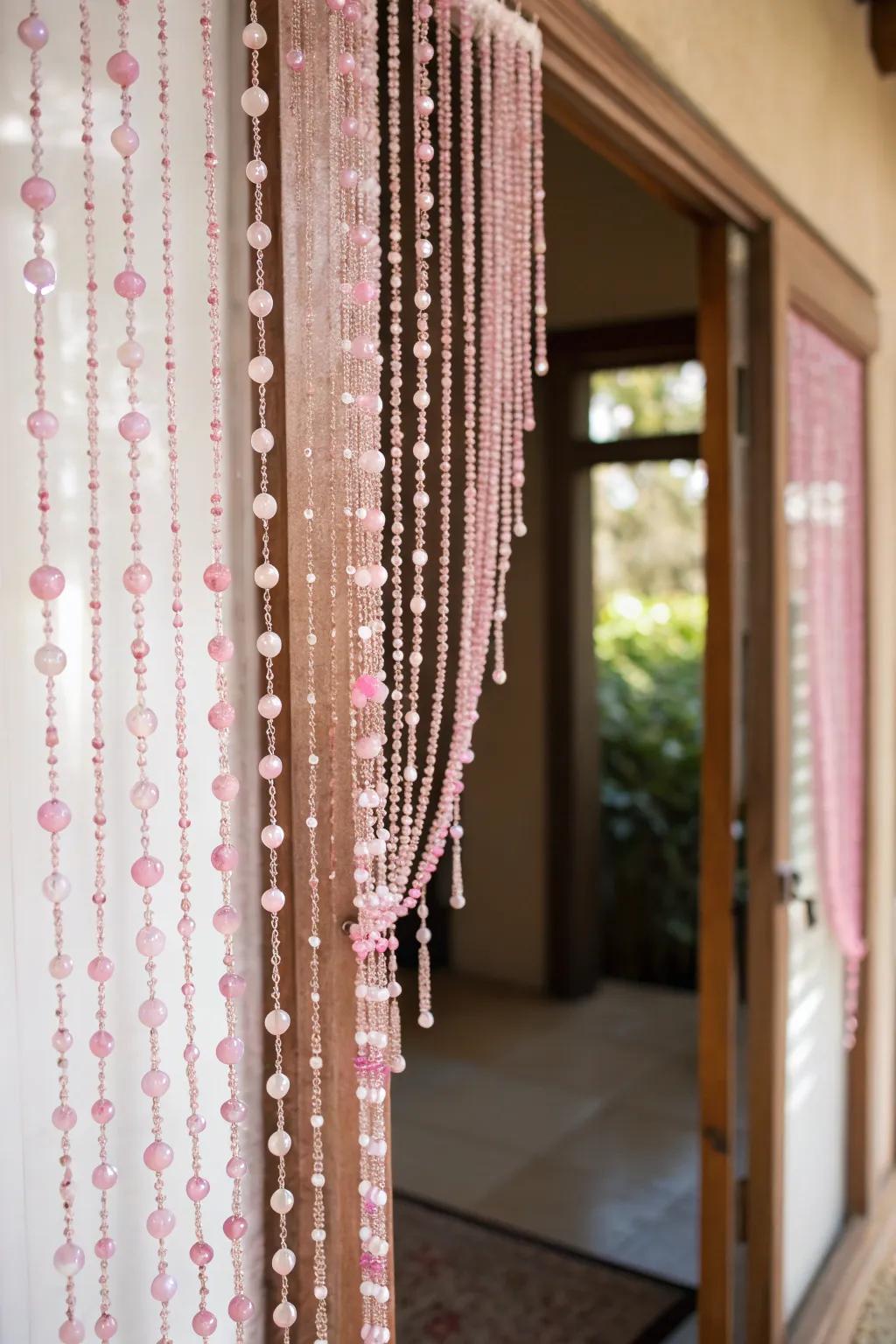 Step into a whimsical wonderland with this charming pink beaded curtain.