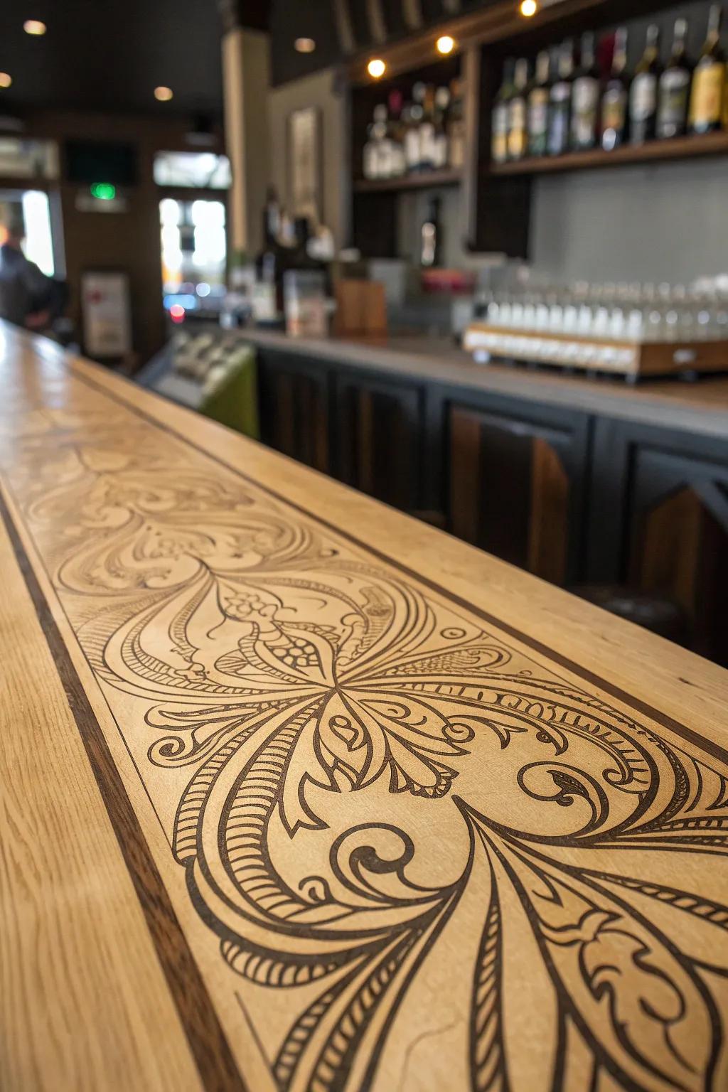 Elevate your space with bespoke craftsmanship: Custom engraved plywood bar tops.