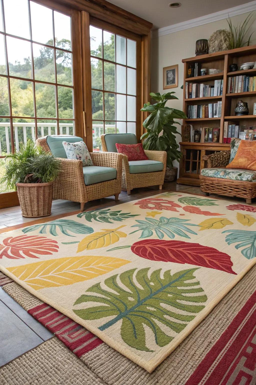 Island-inspired rugs ground the decor beautifully.