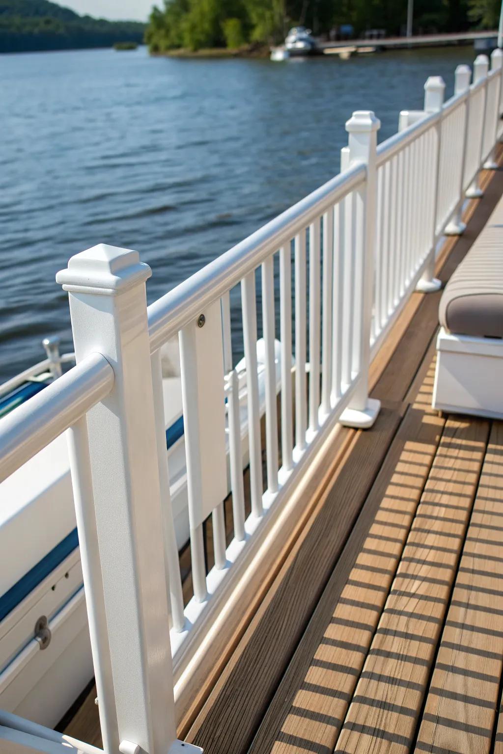 Timeless Elegance: Classic white picket railings crafted with care for a charming pontoon experience.