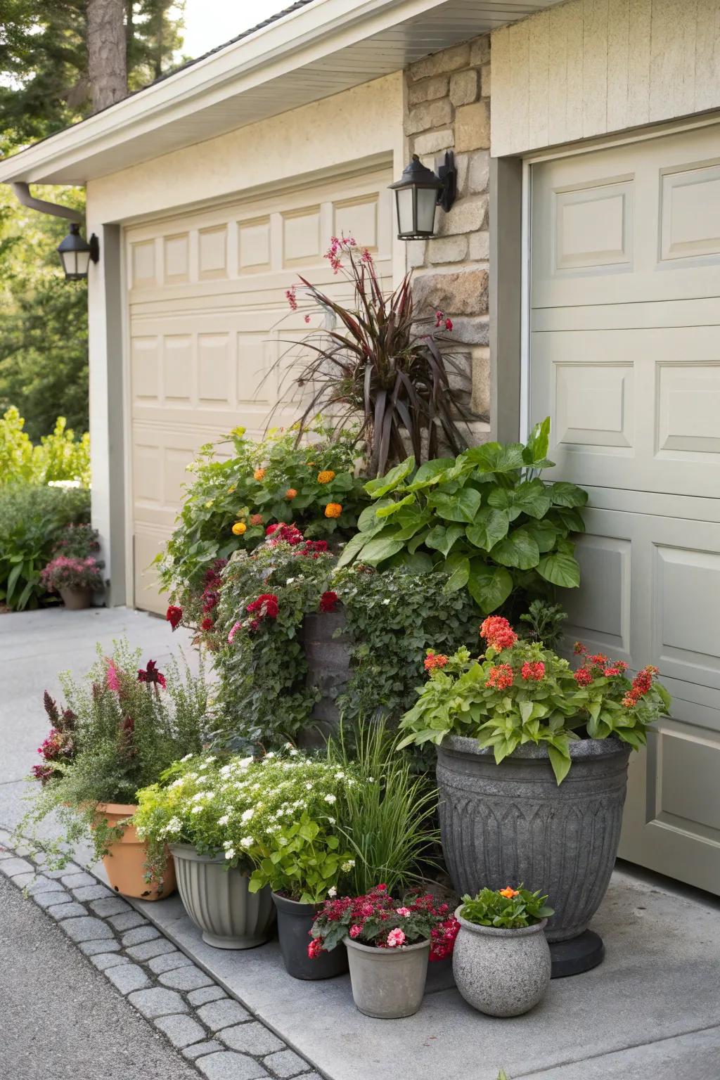 A dynamic mix of planter sizes creating visual variety.