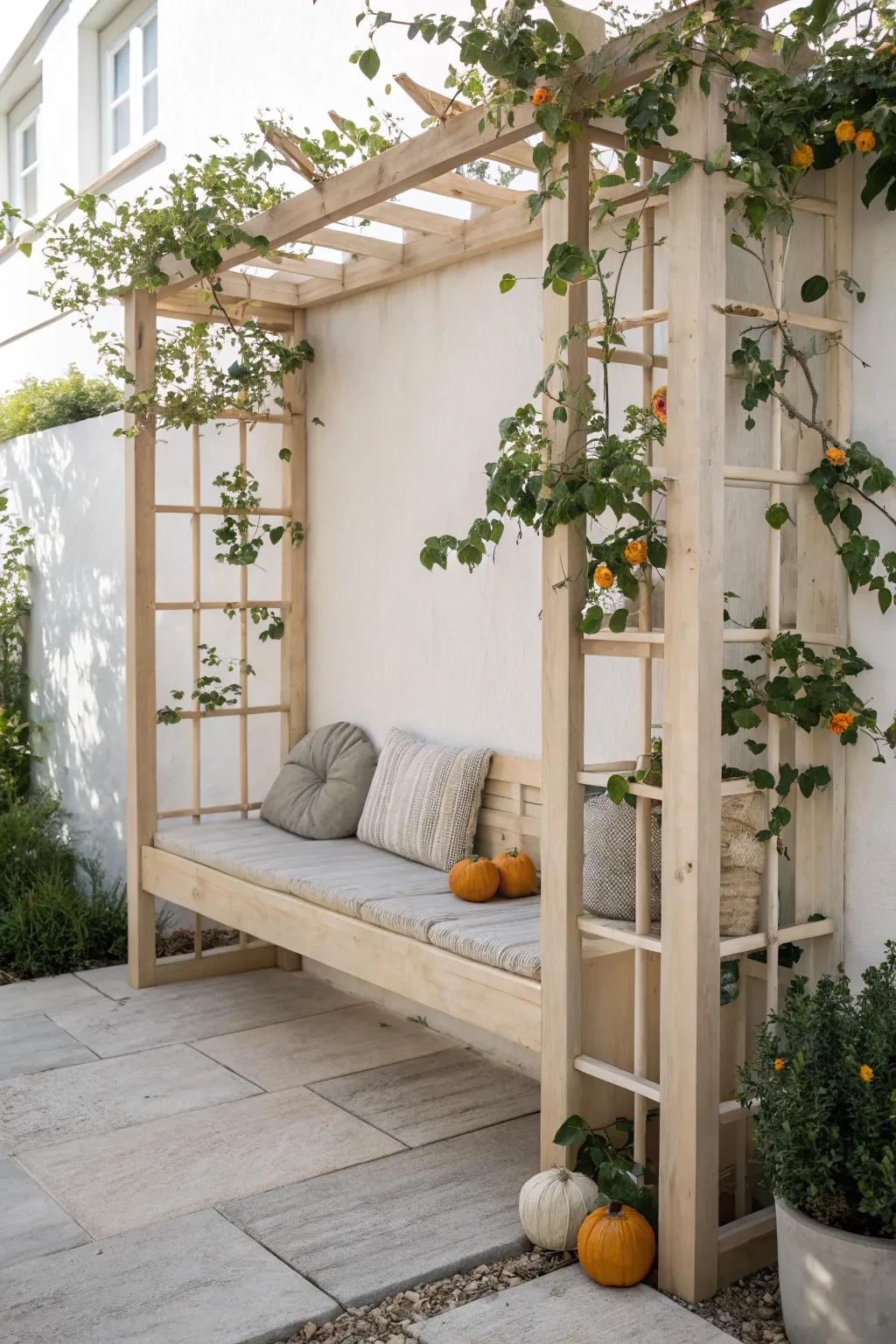 Find tranquility in your garden with this beautifully crafted trellis and bench combo, perfect for a serene escape.