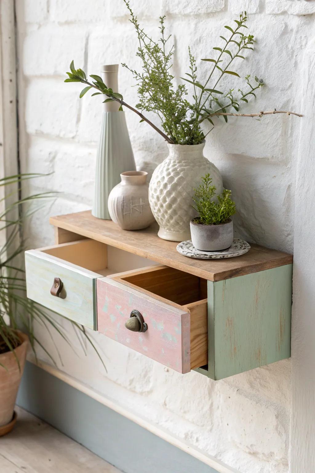 Transform old drawers into chic wall shelves for a touch of minimalist elegance.