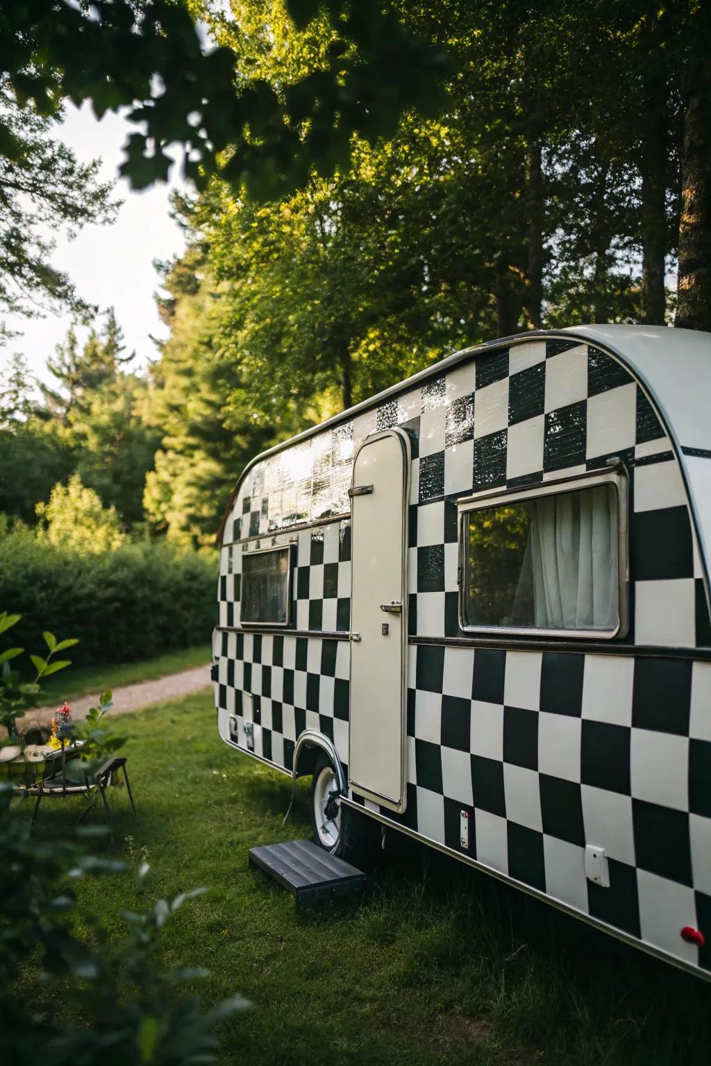Timeless charm on wheels: Embrace the retro vibe with a classic checkerboard camper.