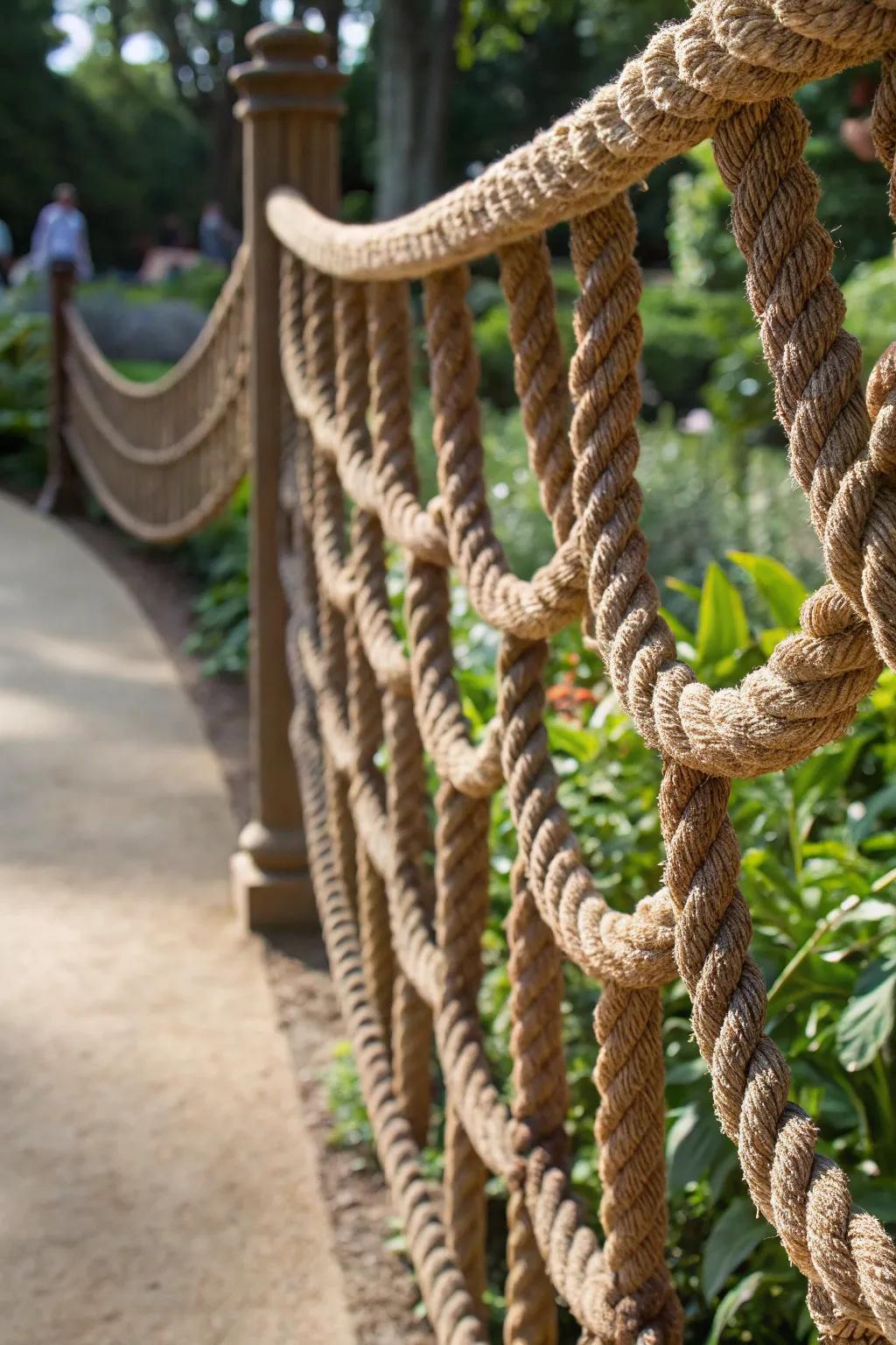 Elevate your outdoor space with this whimsical rope fence design, where craftsmanship meets creativity.